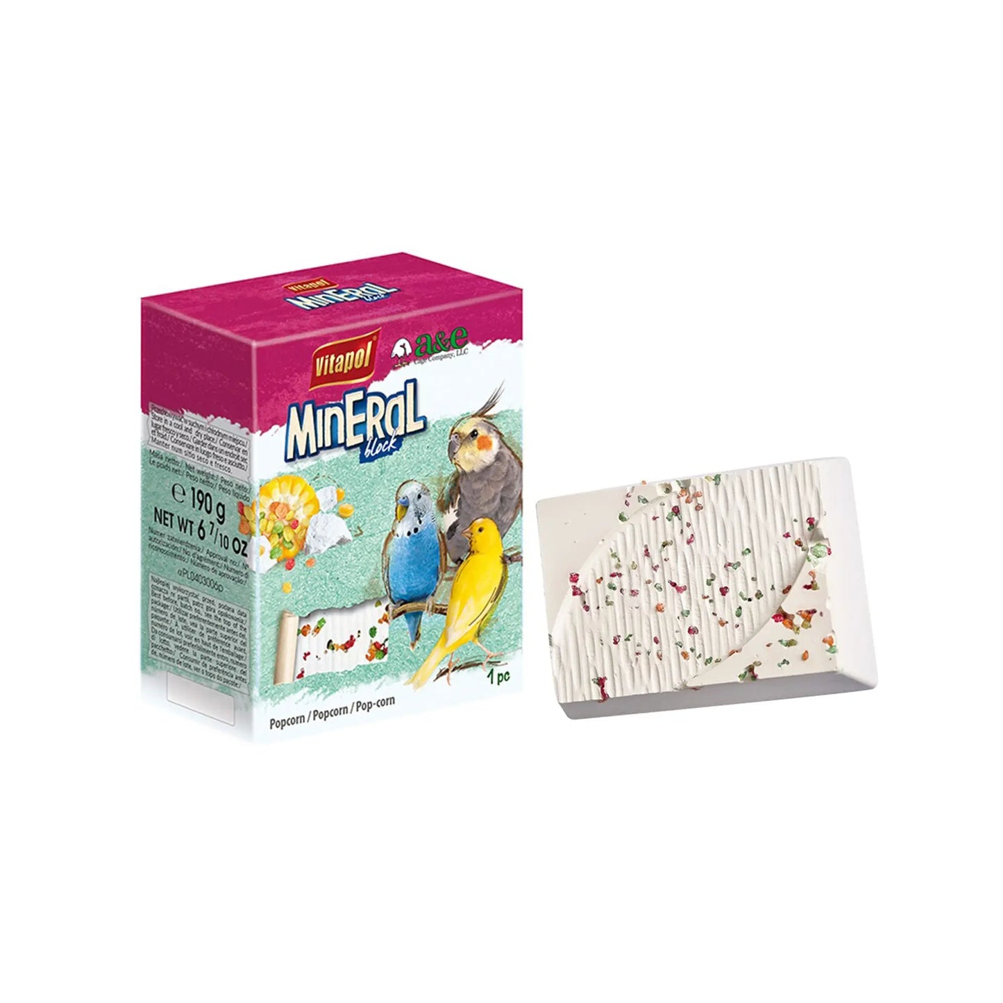 Crunchy popcorn-infused mineral block for pets, packed with calcium, featuring a handy hanger for easy cage attachment.