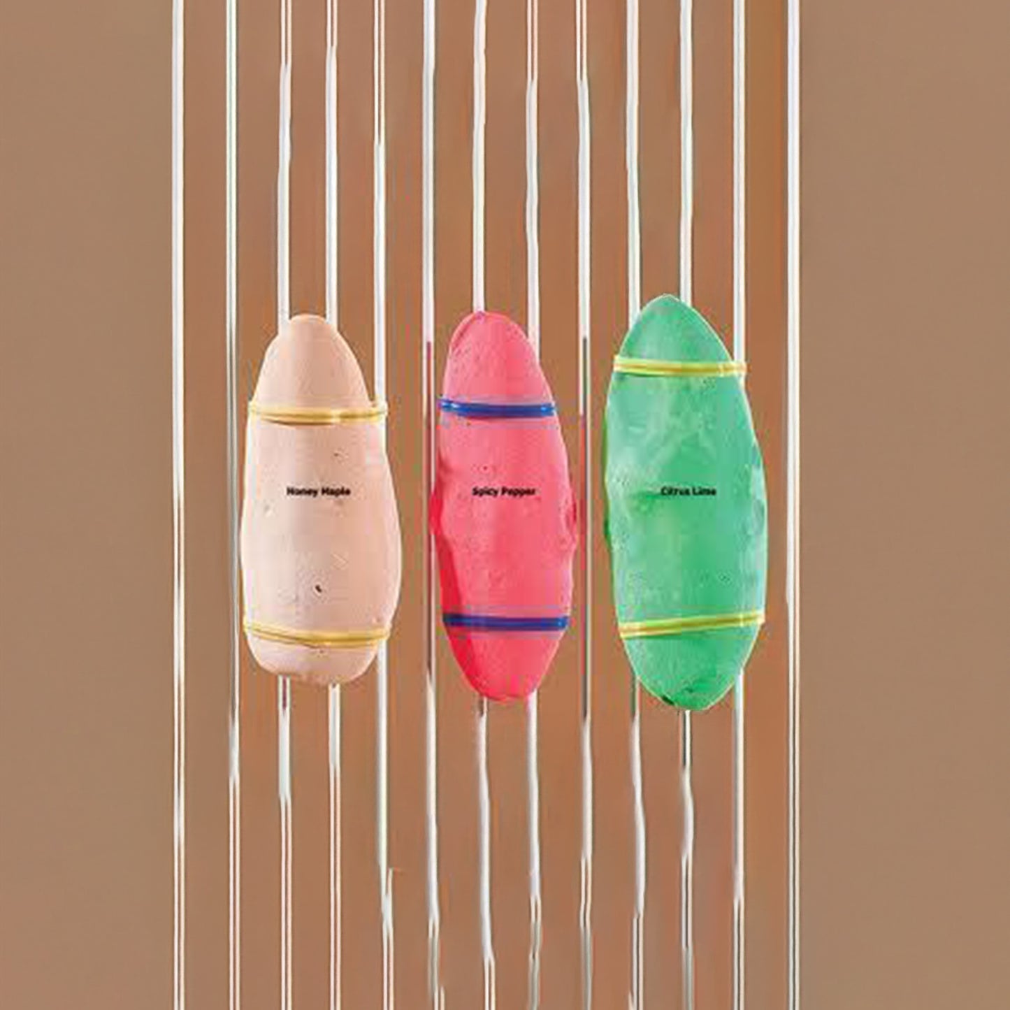 Three colorful cuttlebones in Honey Maple, Spicy Pepper, and Citrus Lime flavors, packed with essential calcium for birds.