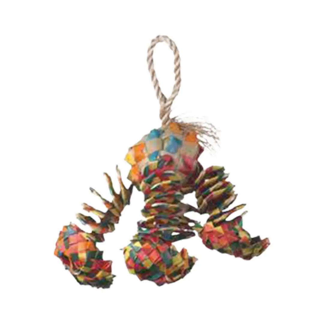 Colorful Sm Diamond Bouncer toy for small birds, featuring a woven square top with dangling strands and a star accent.