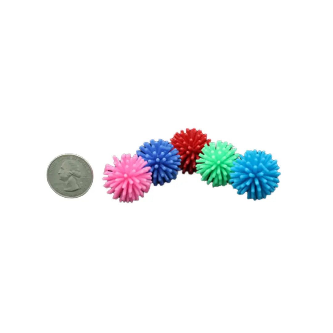 Colorful pack of 5 small koosh balls, each about 1 inch wide, with a soft, squishy texture perfect for pet birds to play with.
