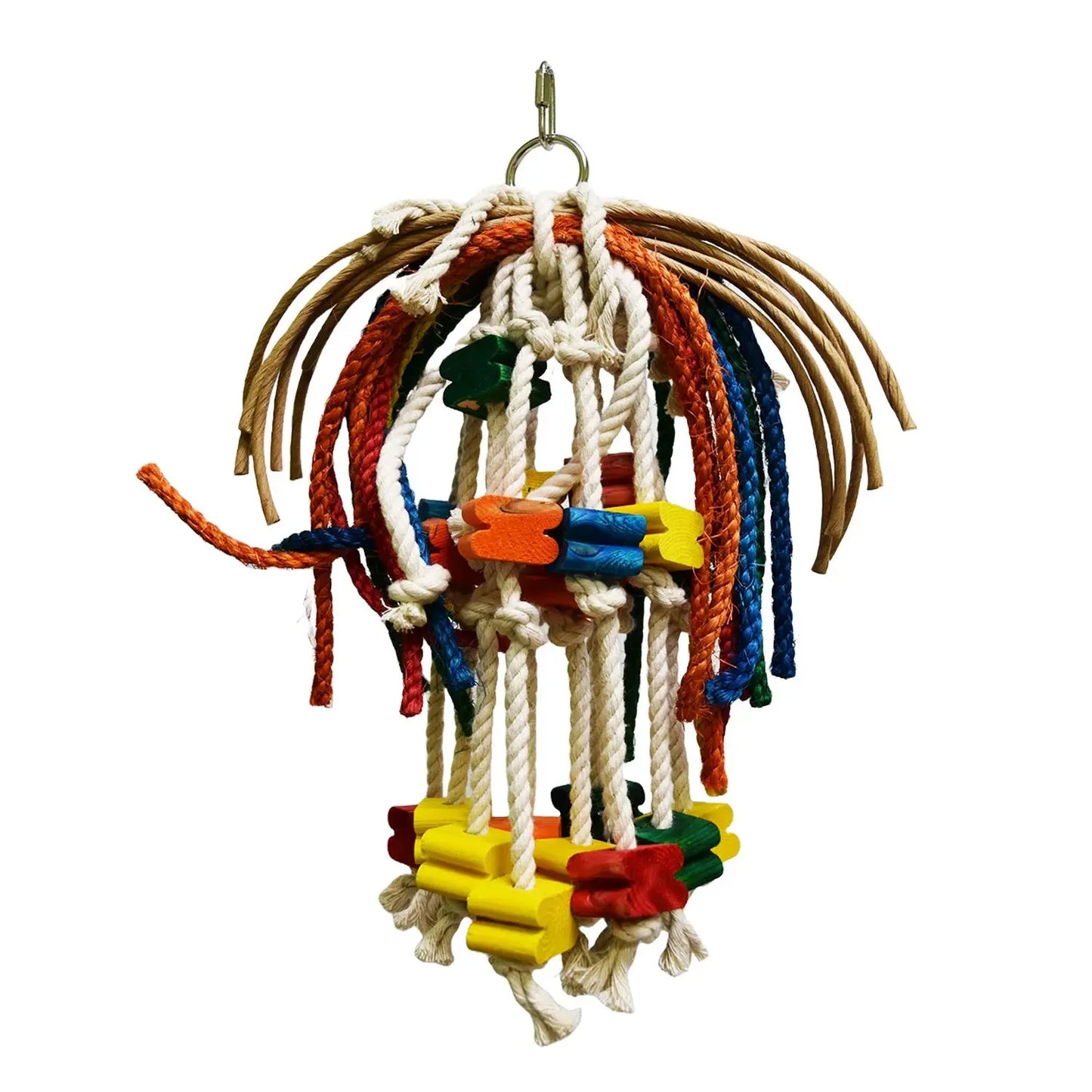 Vibrant Toopet Medium - Zoo Max bird toy with colorful cotton and sisal ropes, paper strips, and playful wooden pieces.