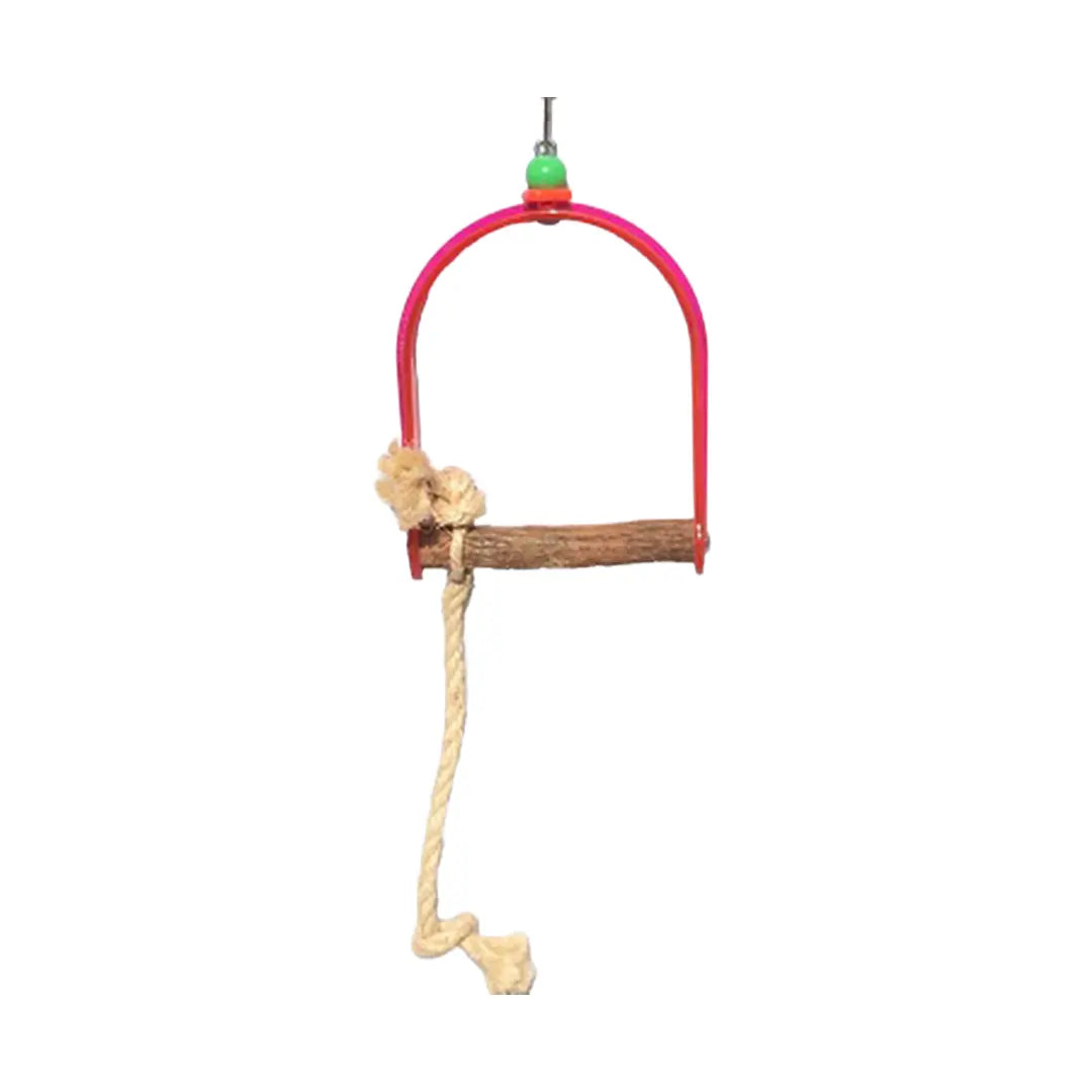 Colorful hardwood bird swing with natural rope, mimicking a swaying tree branch for playful exercise and perching fun.