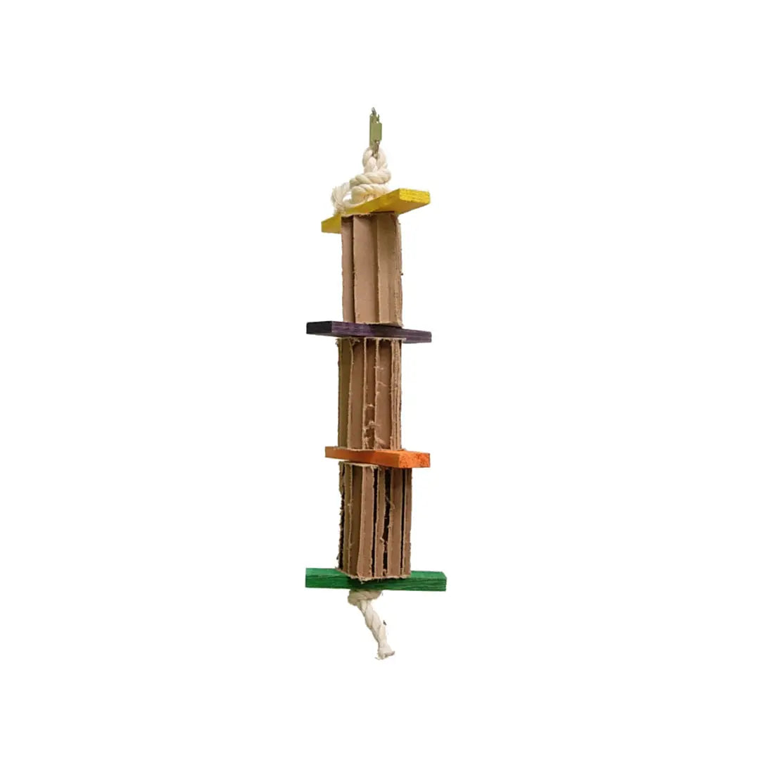 Vibrant Sm Shred X Leather-Zoo Max toy for small birds, featuring accordion-style paper boxes and wood slats on a leather rope.