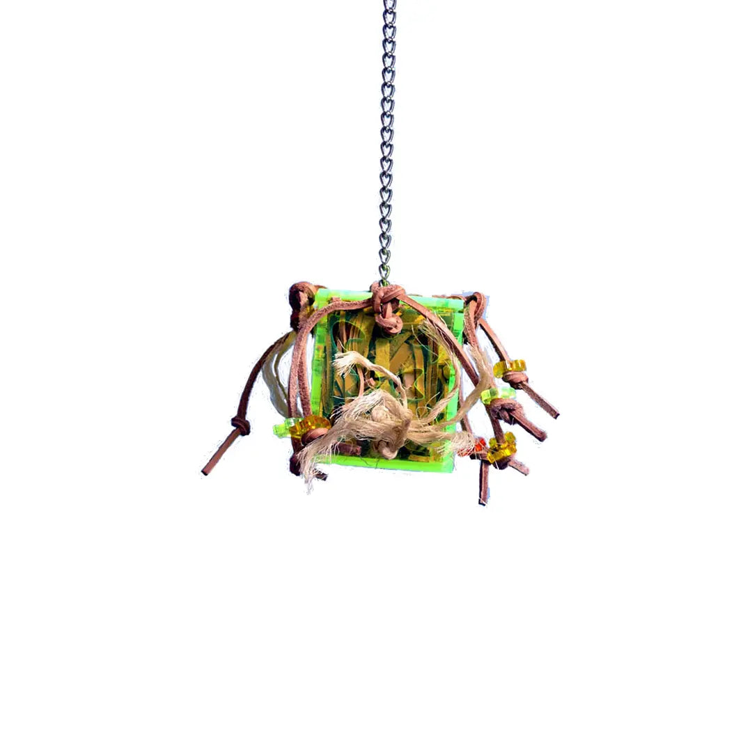Colorful leather strips peek out from an acrylic foraging toy box with openings on all sides, perfect for small birds.