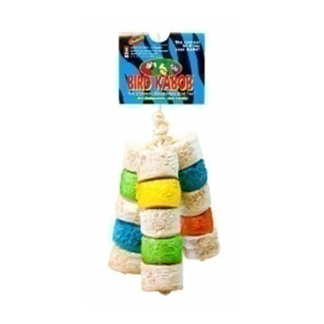 Vibrant Chiquito Bird Kabob-Wesco toy with colorful discs and shreddable yucca wood in a unique three-armed design for small birds.