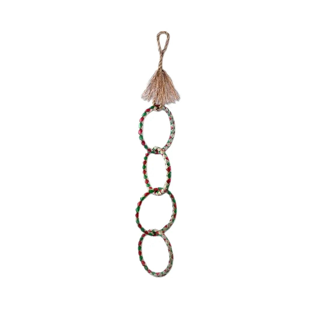 Colorful Med Four Ring-Planet Pleasures bird toy with layered palm leaf strands, ideal as a swing or chew toy for birds.