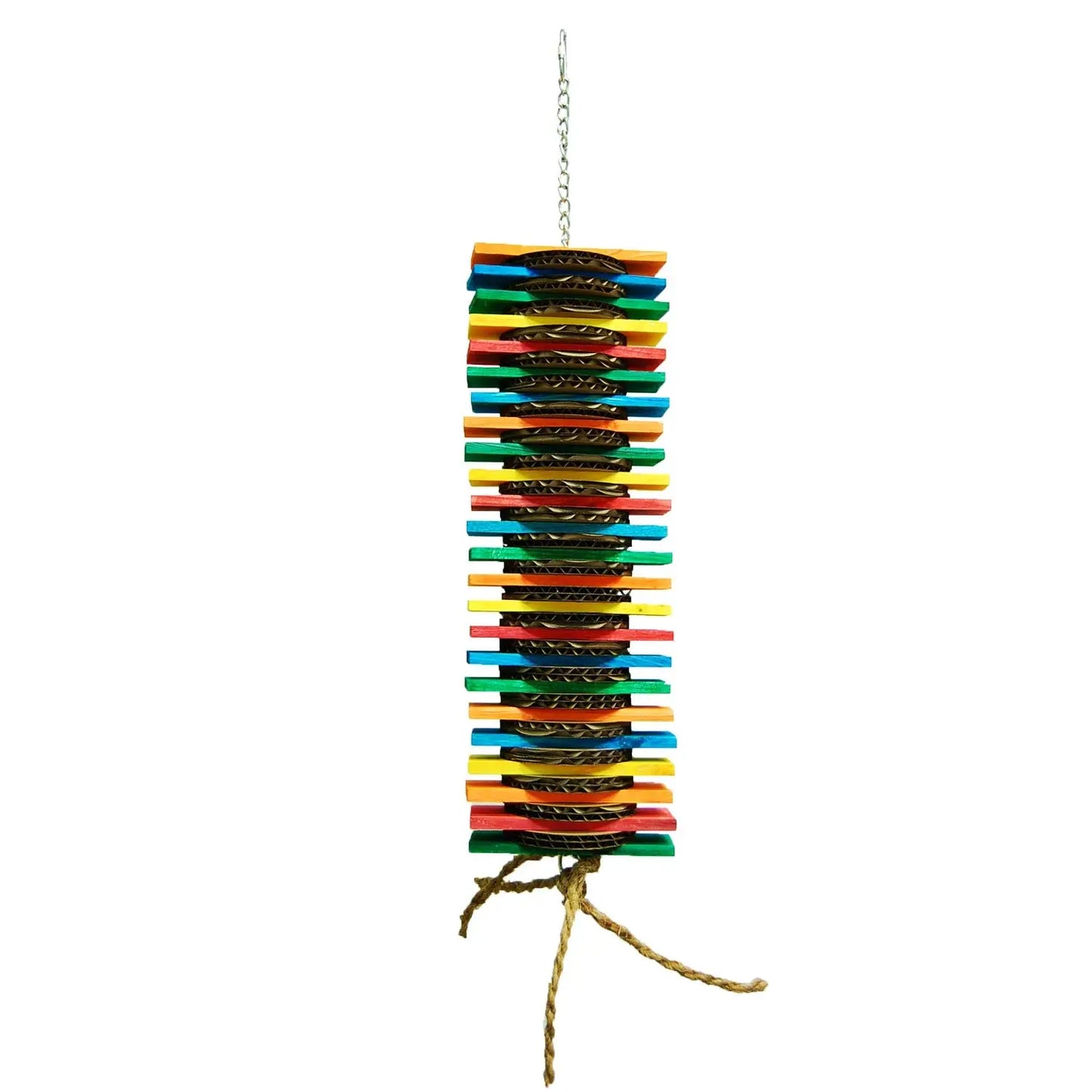 Colorful bird toy with cardboard slices, pine wood, and coconut rope, perfect for medium to large parrots to chew and explore.