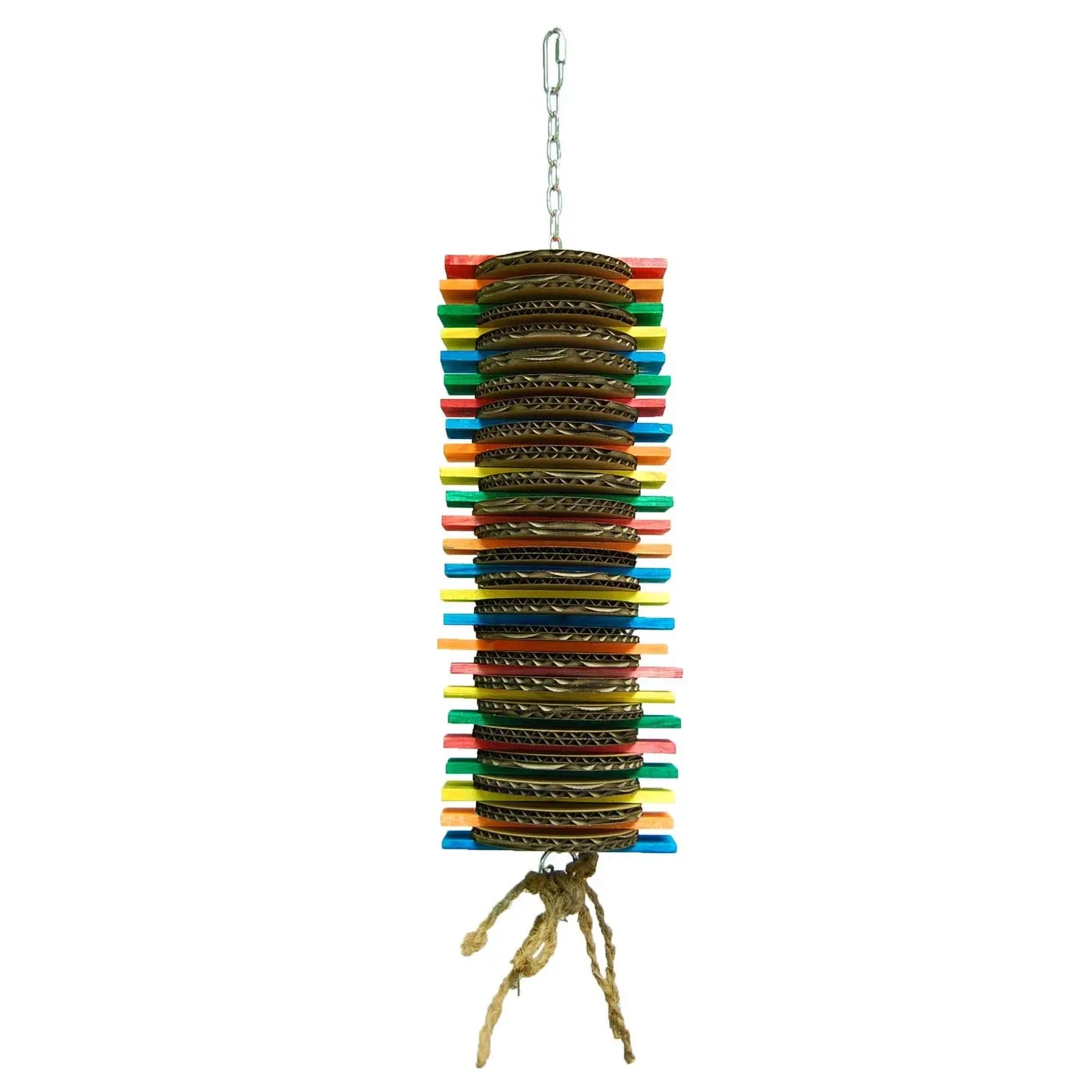 Colorful Kooky Large Zoo Max bird toy with cardboard slices, pine wood, and coconut rope for engaging parrot play.
