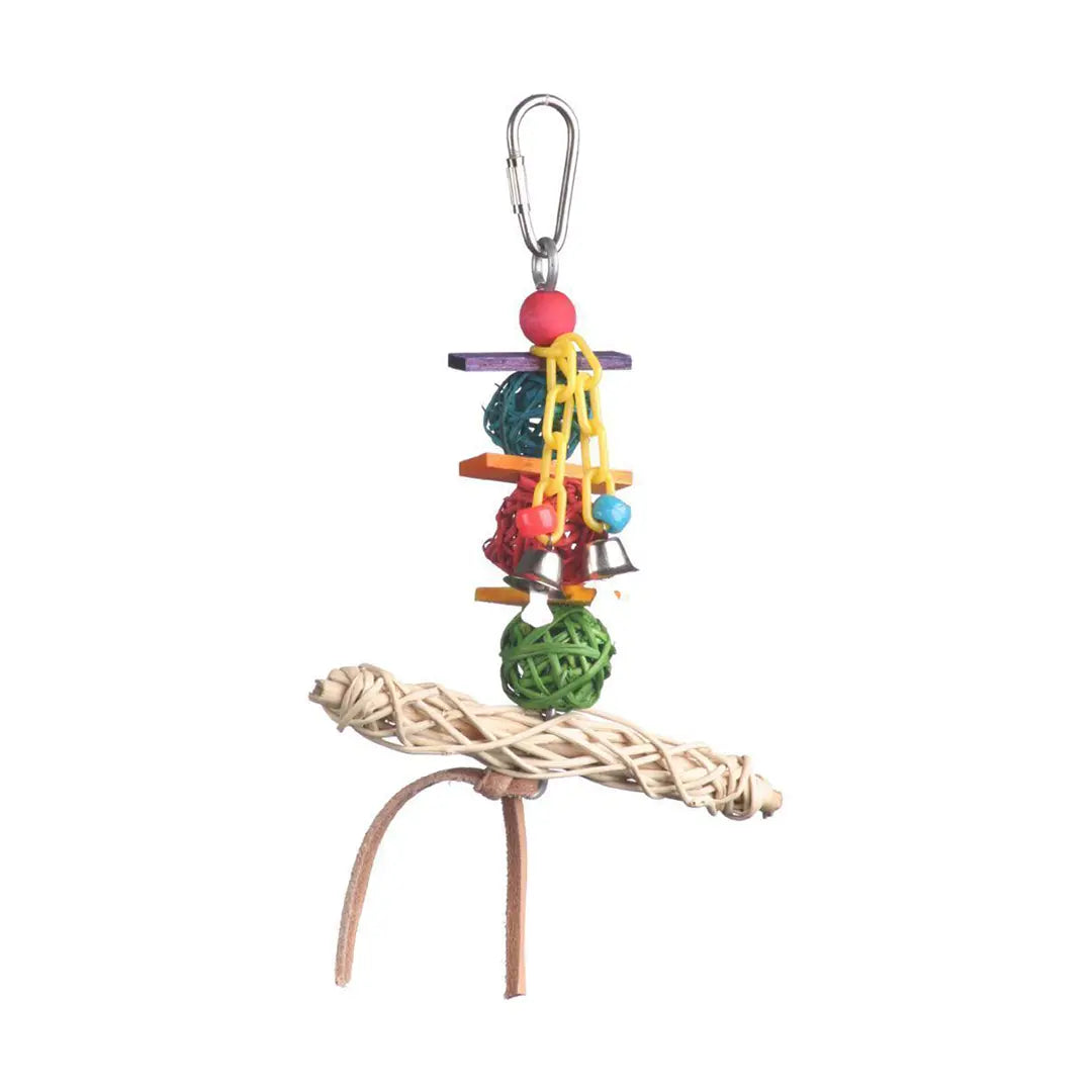 Colorful Vine Twist T-Bar Swing bird toy with vine balls, balsa wood slices, a vine ring perch, and playful bell chains.