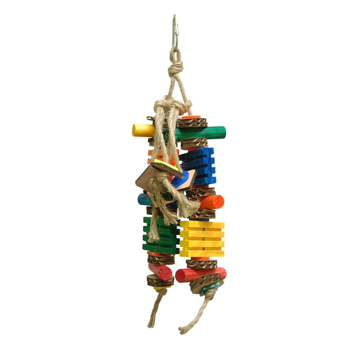 Colorful Picoti - Zoo Max bird toy with shreddable pine wood, acrylic, and cardboard pieces tied with jute rope for small parrots.