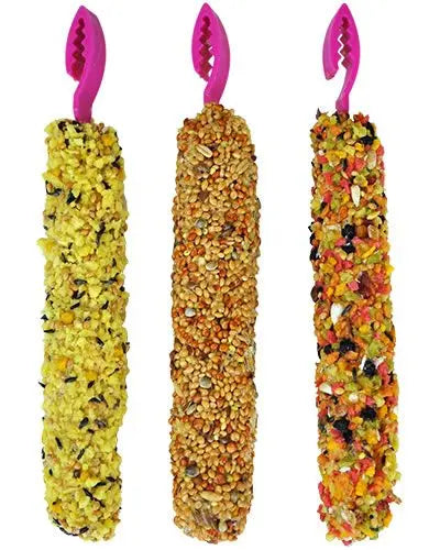 Vibrant Smakers Parakeet Variety Treat Sticks in a 3-pack, showcasing natural ingredients, measuring 7 inches long by 1.25 inches wide.