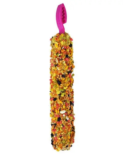 Delicious Smakers strawberry parakeet treat stick, showcasing vibrant fruit bits, measuring 7 inches long and 1.25 inches wide.