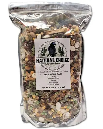 Vibrant 4lbs Natural Choice Ultimate Blend, a colorful mix of organic, low-sugar pellets for parrots, crafted fresh daily.