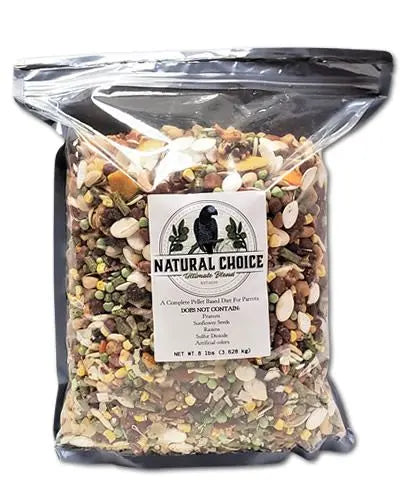 Vibrant mix of organic, lower-sugar pellets in the 8lbs Natural Choice Ultimate Blend, ideal for a balanced parrot diet.