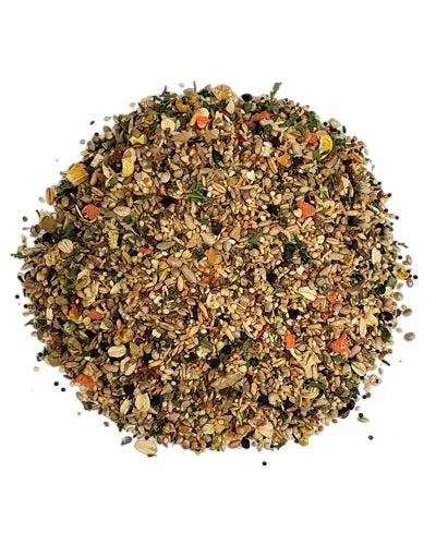 Vibrant mix of seeds, dried fruits, veggies, and herbs in the 20lb Deluxe Small Hookbill blend for small pet birds.