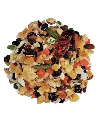 Vibrant mix of dried fruits, vegetables, nuts, and herbs in the Paradise Build-A-Blend, perfect for customizing bird food.