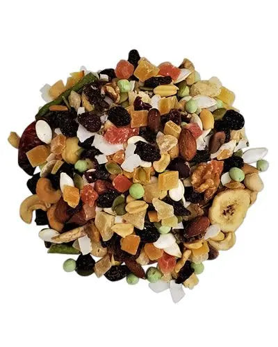 Vibrant mix of unsulphured dried fruits, vegetables, nuts, and herbs in Bird Paradise Build-A-Blend for custom bird food.