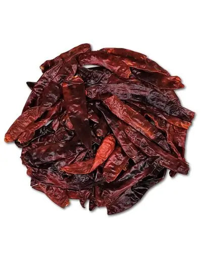 Vibrant dried red hot chili peppers, showcasing their bold color and wrinkled texture, sold by the pound.