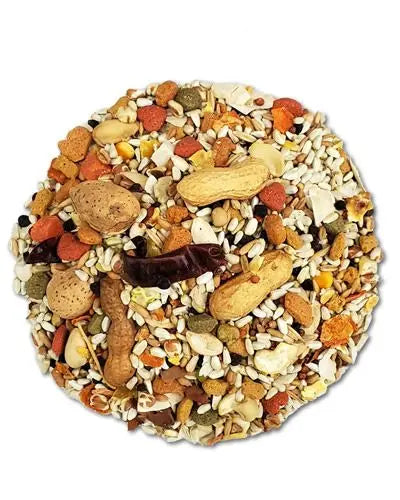 Vibrant mix of Higgins Safflower Gold Natural Parrot food with colorful peppers, nuts, raisins, and tropical fruit chunks.