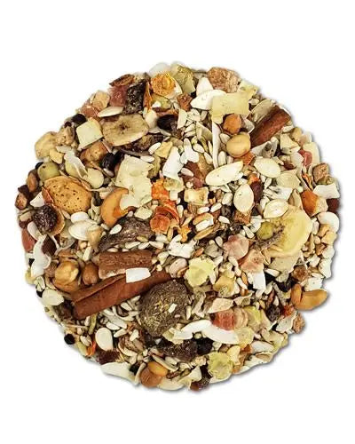 Vibrant blend of Higgins Mayan Harvest Celestial Mix with exotic seeds, herbs, and bee pollen for a nutritious bird treat.