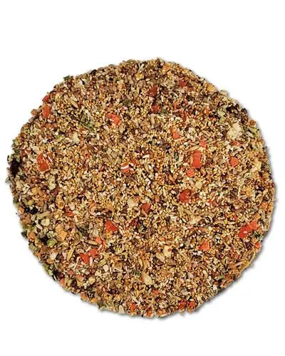 Vibrant mix of Higgins Snack Attack Small Fruit & Veggie with colorful seeds, strawberry bits, papaya, and pineapple chunks for birds.