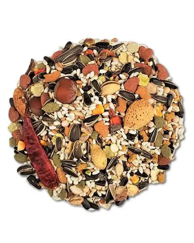 Vibrant mix of fruits, vegetables, seeds, grains, and nuts in Higgins Sunburst Macaw Gourmet Mix for healthy bird nutrition.