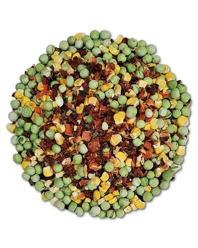 Vibrant mix of spicy Just Hot Veggies with carrots, corn, peas, bell peppers, tomatoes, and jalapeño for your bird's diet.