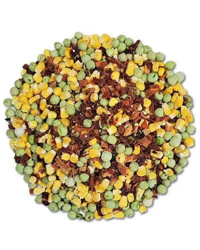 Colorful mix of Just Veggies with carrots, corn, peas, bell peppers, and tomatoes, offering a nutritious bird snack.
