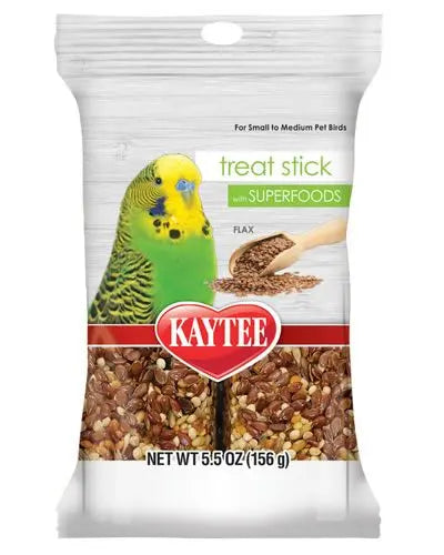 Crunchy Kaytee Superfood Treat Stick with flax, packed with nutritious seeds, grains, and antioxidants for pet birds.