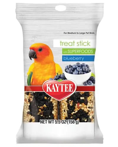 Vibrant Kaytee Superfood Treat Stick in blueberry flavor, packed with nutritious seeds, grains, and antioxidant-rich fruits for pet birds.