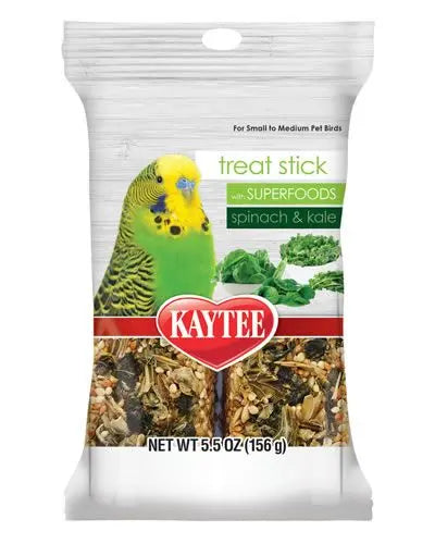 Vibrant Kaytee Superfood Treat Stick with spinach and kale, packed with nutritious seeds and grains for pet birds.