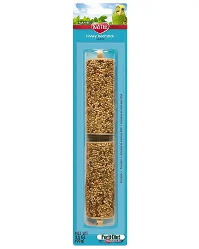 Delicious 3.5oz Kaytee Parakeet Honey Treat Stick, packed with nutritious ingredients, hanging enticingly for your bird.