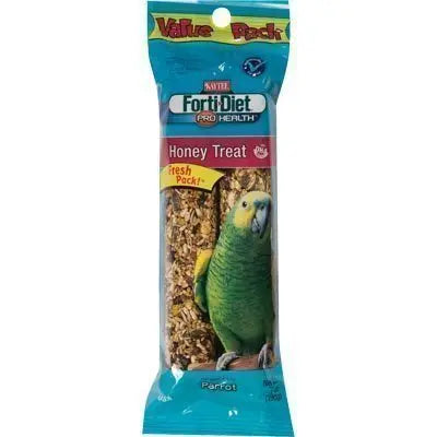 Crunchy honey treat sticks for parrots by Kaytee Forti Diet, packed with nutrients for heart and brain health in a 2-pack.