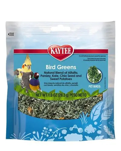 Vibrant mix of Forti-Diet Bird Greens by Kaytee, featuring alfalfa, parsley, kale, chia seeds, and sweet potatoes for birds.