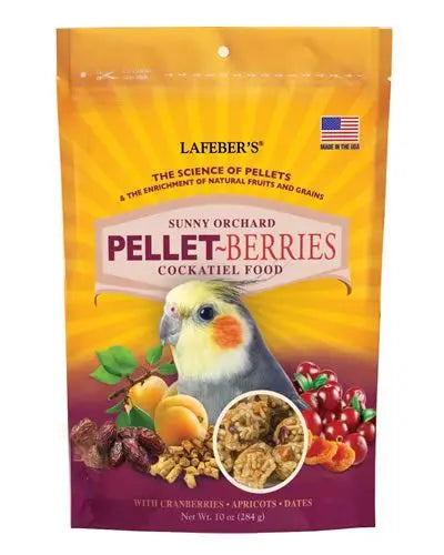 Vibrant 10oz bag of Lafeber's Pellet-Berries for Cockatiels, showcasing a mix of colorful pellets, cranberries, dates, and apricots.