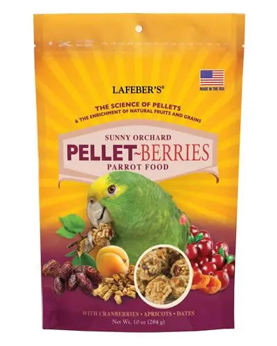 Vibrant 10oz Parrot Pellet-Berries by Lafeber's, blending colorful cranberries, dates, apricots, and grains for birds.