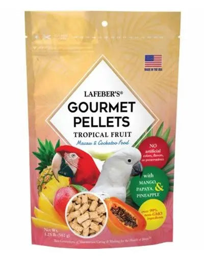 Vibrant 1.25lb Tropical Fruit Macaw Pellets by Lafeber's, bursting with real papaya, mango, and pineapple bits for pet birds.