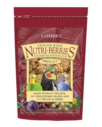 Colorful 10oz pack of Lafeber's Senior Bird Nutri-Berries, specially crafted parrot food for mature birds with herbs and grains.