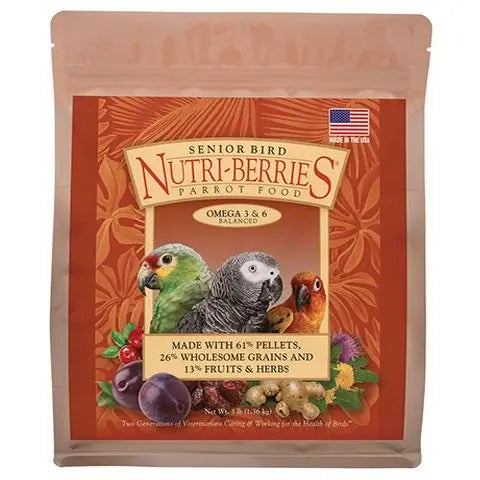 Vibrant cluster of Lafeber's Senior Bird Nutri-Berries, packed with pellets, grains, and fruit for mature parrots' health.
