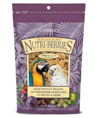 Vibrant 10oz pack of Lafeber's Senior Bird Nutri-Berries for Macaws, featuring a nutritious blend of pellets, grains, and fruit.