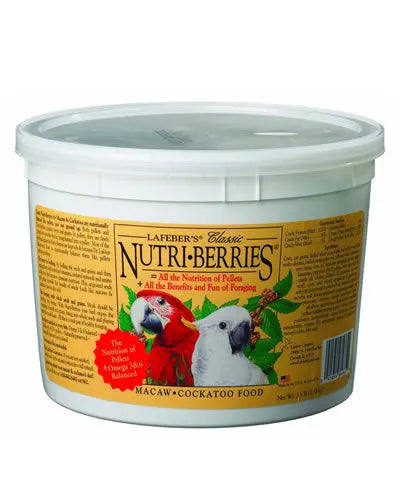 Colorful 3.5lb pack of Lafeber's Macaw Classic Nutri-Berries, packed with nutritious hulled seeds and grains for birds.