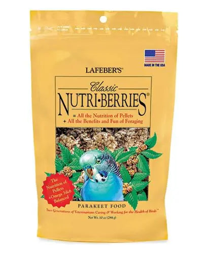 Tasty 10oz pack of Lafeber's Parakeet Classic Nutri-Berries, featuring nutrient-rich, hulled seeds in fun, berry shapes.