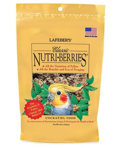 Vibrant 10oz pack of Lafeber's Cockatiel Classic Nutri-Berries, showcasing nutrient-rich, hulled seeds for birds.