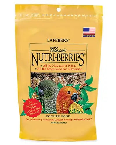 Tasty 10oz Conure Classic Nutri-Berries by Lafeber's, featuring wholesome hulled seeds and grains in fun, berry-shaped clusters.