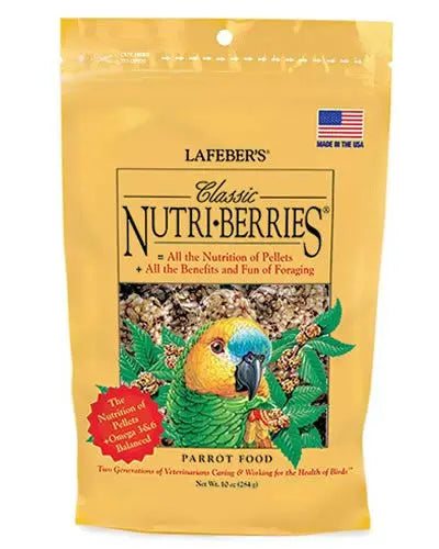 Colorful 10oz Parrot Classic Nutri-Berries by Lafeber's, packed with nutritious hulled seeds and grains for birds.