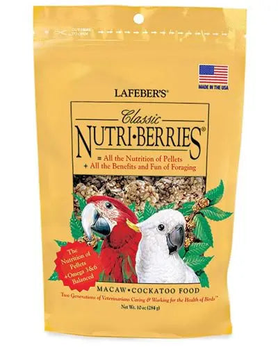 Vibrant 10oz pack of Lafeber's Macaw Classic Nutri-Berries, featuring colorful, round bird treats packed with wholesome seeds and grains.