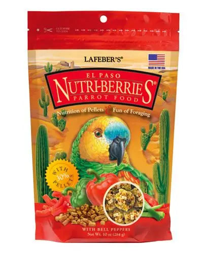 Vibrant 10oz pack of Lafeber's El Paso Nutri-Berries for parrots, bursting with spicy red, green, and chili peppers.