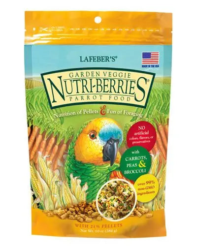 Vibrant 10oz pack of Lafeber's Garden Veggie Nutri-Berries for parrots, bursting with broccoli, peas, oats, and flax seed.