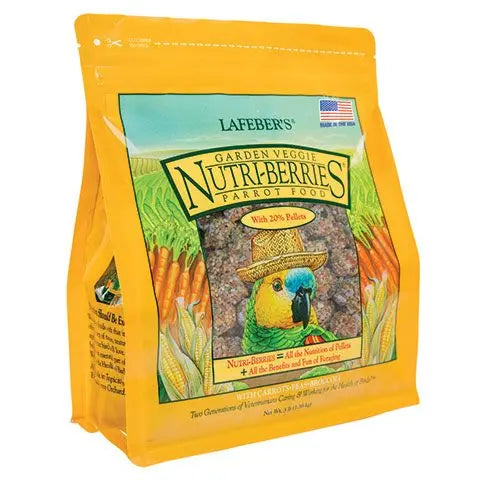 Vibrant 3lb bag of Lafeber's Garden Veggie Nutri-Berries for parrots, packed with colorful broccoli, peas, and seeds.