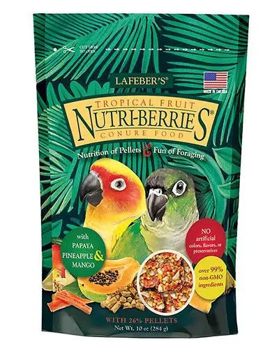 Vibrant 10oz Conure Tropical Fruit Nutri-Berries by Lafeber's, featuring colorful papaya, pineapple, and mango bits.